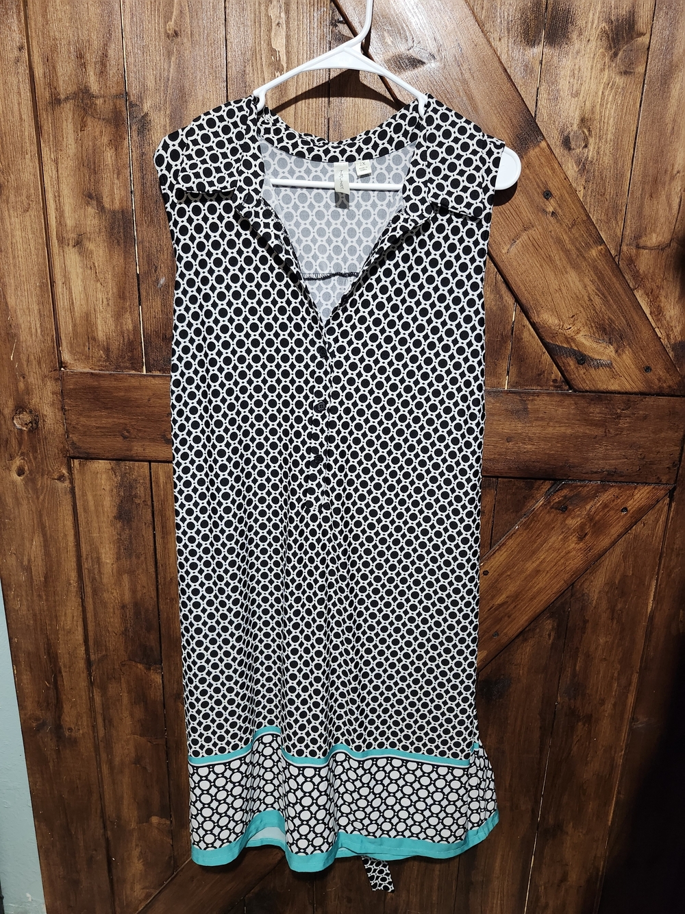Sleeveless Black & White Geometric Dress with Teal Trim